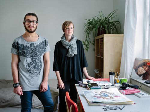 Sweden. Single mother and librarian, Linnea Tell, hosts Syrian gay Muslim artist, Alqumit Alhamad, who is now thriving in Malmö. Photo: Aubrey Wade / UNHCR